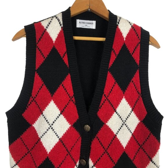 Vintage Alfred Dunner Womens Knit Vest Sz Medium Argyle Button Down Red Blue USA - Picture 2 of 7